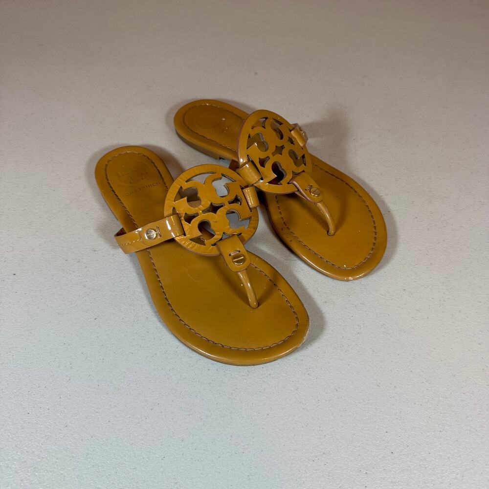 Tory Burch Miller Patent Leather Sandals Womens 5.5M Tan Camel Classic Designer